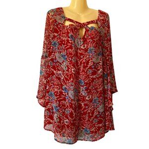 Umgee Tunic Dress CutOut Neckline Statement Bell Sleeve Mini Bohemian Floral Sm